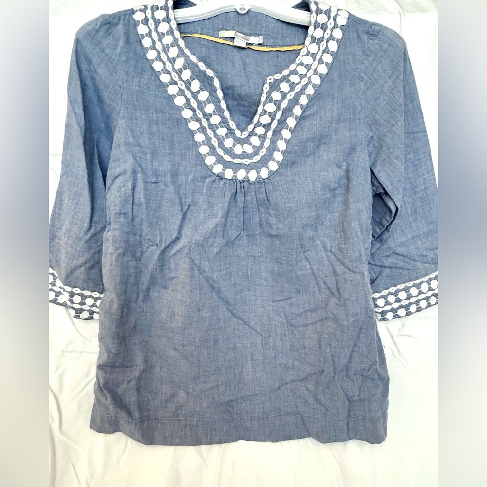 Women's Boden Blue Tunic Top with White Embroidered Trim